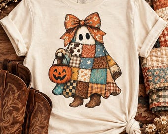 Patchwork Spook PNG, Westerse Bloemenstrik, Cowboylaarzen, Pompoen (Digitale Download)