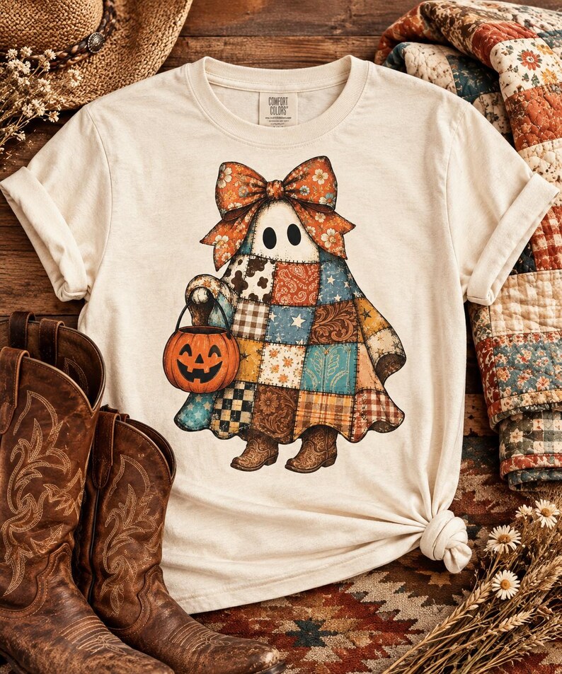 Pode incluir: Uma t-shirt cor de creme com o gr&aacute;fico de um fantasma que usa um grande la&ccedil;o floral, um len&ccedil;ol estilo patchwork com v&aacute;rios padr&otilde;es e botas de cowboy castanhas. O fantasma segura um pequeno balde de ab&oacute;bora laranja para doces.