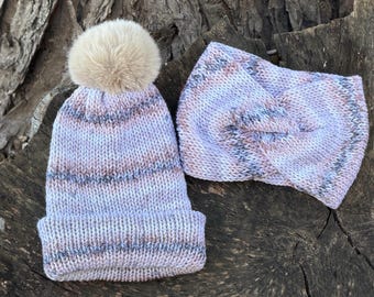 Hand-Knit Variegated Beanie Set with Faux Fur Pom Pom, Twist Ear Warmer