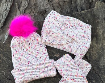Hand Knit Speckled Winter Set – Pom Beanie, Ear Warmer, Fingerless Wrist Warmers