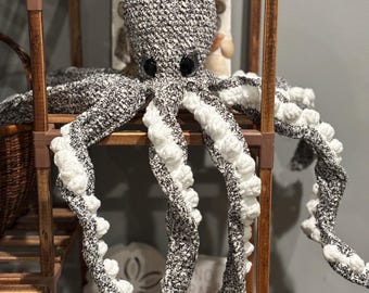 Large Crochet Octopus Plushie, Salt & Pepper Chenille Amigurumi, Coastal Nursery Decor