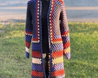 Handmade Crochet Hexagon Cardigan, Long Boho Granny Square Duster, Earth Tone Patchwork Open Front Sweater, Cozy Fall Chunky Outerwear