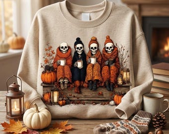 Gezellige skeletvriendjes herfstclipart, griezelig seizoen sublimatieontwerp (PNG)