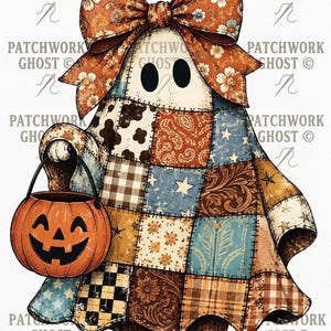 Pode incluir: Uma ilustra&ccedil;&atilde;o de fantasma com um corpo de patchwork com v&aacute;rios padr&otilde;es castanhos, azuis e cor de laranja, um grande la&ccedil;o a condizer no topo e botas castanhas. O fantasma segura um balde de ab&oacute;bora cor de laranja. O texto PATCHWORK GHOST aparece repetidamente.