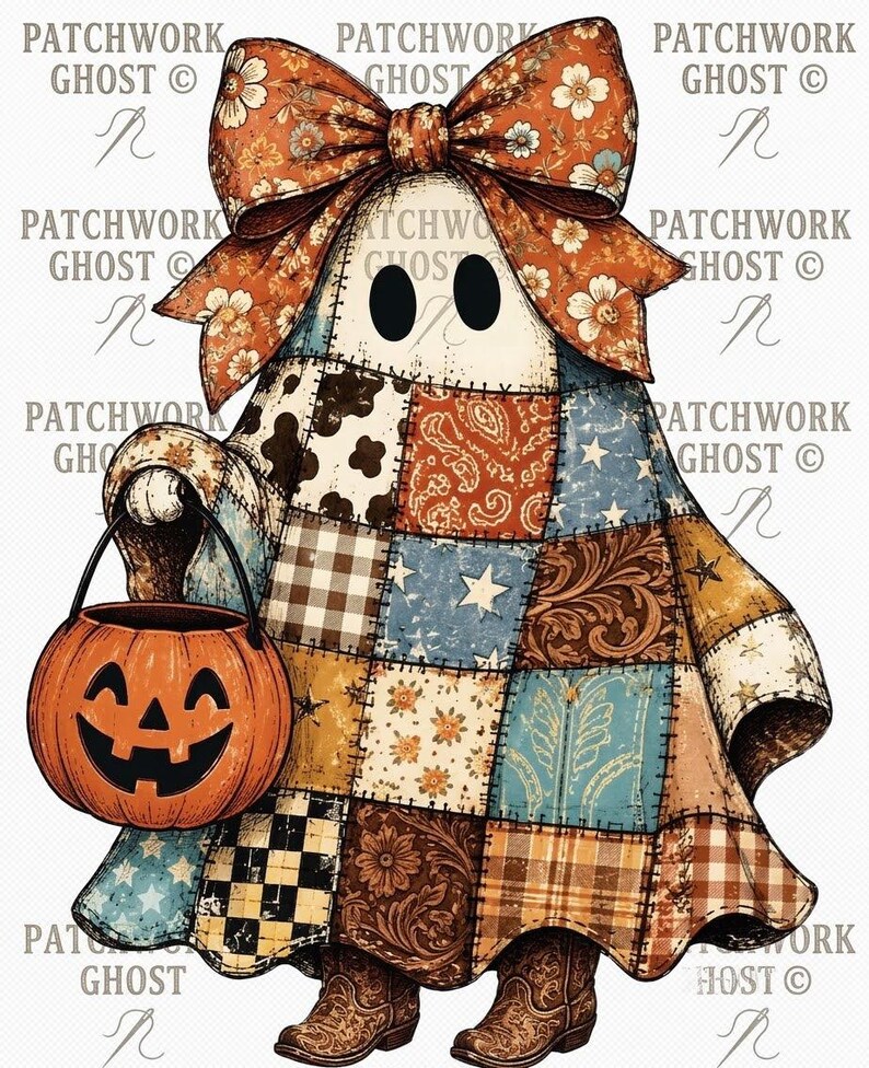 Pode incluir: Uma ilustra&ccedil;&atilde;o de fantasma com um corpo de patchwork com v&aacute;rios padr&otilde;es castanhos, azuis e cor de laranja, um grande la&ccedil;o a condizer no topo e botas castanhas. O fantasma segura um balde de ab&oacute;bora cor de laranja. O texto PATCHWORK GHOST aparece repetidamente.