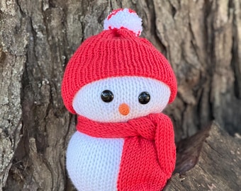 Hand Knitted Snowman Plush: Red Beanie, Scarf, 9" Cozy Winter Decor