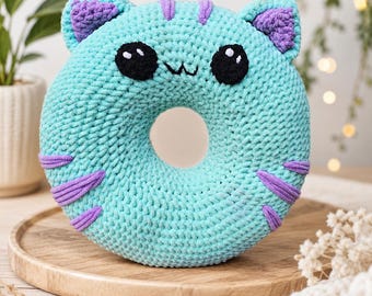 Crochet Cat Donut Plush with Movable Tail | Handmade Kawaii Cat Pillow | Soft Plushie Gift