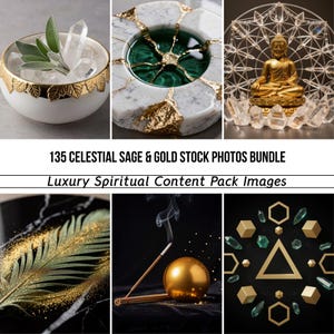 May include: A collection of spiritual and luxury images. The images include a white bowl with sage and crystals, a marble ashtray with gold accents, a golden Buddha statue, a feather with gold glitter, incense, and geometric shapes. Text reads "135 Celestial Sage & Gold Stock Photos Bundle" and "Luxury Spiritual Content Pack Images."