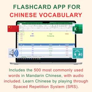 Op de afbeelding: Een laptopscherm toont een flashcard-app voor Chinese woordenschat. Het scherm toont Chinese karakters met Engelse vertalingen en audio-iconen. De app bevat de 500 meest voorkomende Mandarijn-Chinese woorden. De tekst zegt: "Inclusief audio".