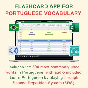 Puede incluir: Una pantalla de portátil muestra una aplicación de tarjetas de vocabulario en portugués. La pantalla muestra una hoja de cálculo con palabras en portugués, traducciones al inglés y pronunciaciones fonéticas. La aplicación incluye audio y las 500 palabras más comunes.
