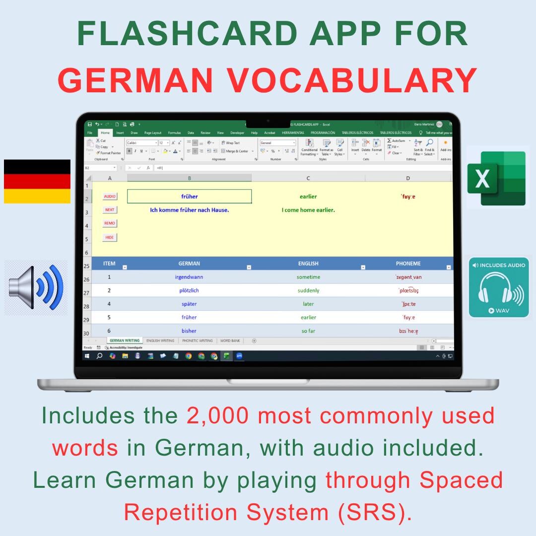 German Vocabulary Flashcards | Excel App | 2,000 Most Common German ...