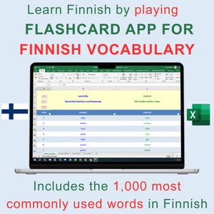 Puede incluir: Una pantalla de portátil muestra una aplicación de tarjetas de vocabulario finlandés. La pantalla muestra una hoja de cálculo con palabras en finés e inglés, incluyendo "hombre", "mujer" y "niño". El texto dice "Aprende finlandés jugando a la APLICACIÓN DE TARJETAS DE VOCABULARIO FINLANDÉS."