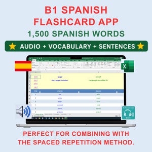 Español B1 / Aplicación de tarjetas didácticas / 1500 palabras en español / 1500 frases / 3000 clips de audio de alta calidad / Español (España) Audio / Excel