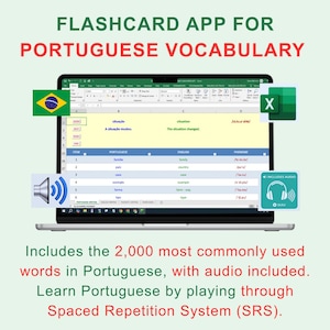 Puede incluir: Una pantalla de portátil muestra una aplicación de tarjetas didácticas para vocabulario portugués. La aplicación muestra una hoja de cálculo con palabras en portugués, traducciones al inglés y pronunciaciones fonéticas. Incluye audio y el texto "FLASHCARD APP FOR PORTUGUESE VOCABULARY".