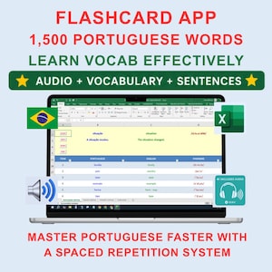 Portuguese Vocabulary Flashcards | Portuguese Conversation Practice | Flashcards with Sentences & Audio | 1500 Words| Excel App