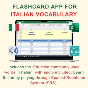 Puede incluir: Una pantalla de portátil muestra una aplicación de tarjetas de vocabulario italiano. La pantalla muestra palabras italianas con traducciones al inglés y pronunciaciones fonéticas. La aplicación incluye audio y el texto "FLASHCARD APP FOR ITALIAN VOCABULARY".