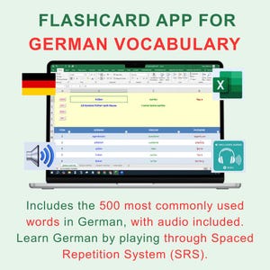 Puede incluir: Una pantalla de portátil muestra una aplicación de tarjetas didácticas para vocabulario alemán. La pantalla muestra palabras alemanas con traducciones al inglés e iconos de audio. El texto dice "FLASHCARD APP FOR GERMAN VOCABULARY" y "Includes the 500 most commonly used words in German, with audio included."
