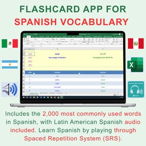Spanish Vocabulary Flashcards | Excel App | 2,000 Most Common Spanish Words - Latin American Spanish Audio