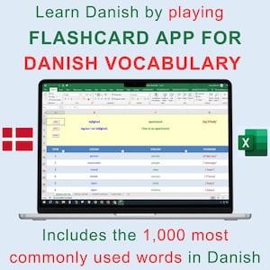 Tarjetas de vocabulario danés / Aplicación Excel / 1000 palabras danesas más comunes