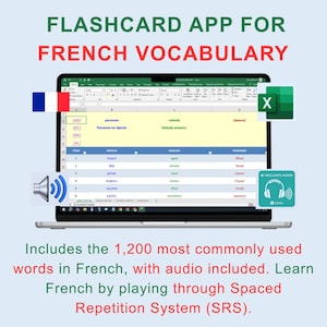 Puede incluir: Una pantalla de portátil muestra una aplicación de tarjetas de vocabulario francés. La aplicación muestra palabras en francés con traducciones al inglés y pronunciaciones fonéticas. También se muestra la bandera francesa, un icono de audio y el texto "FLASHCARD APP FOR FRENCH VOCABULARY".
