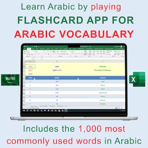 Puede incluir: Una pantalla de portátil muestra una aplicación de tarjetas didácticas de vocabulario árabe. La pantalla muestra palabras árabes con traducciones al inglés. El texto dice "Learn Arabic by playing FLASHCARD APP FOR ARABIC VOCABULARY" y "Includes the 1,000 most commonly used words in Arabic."