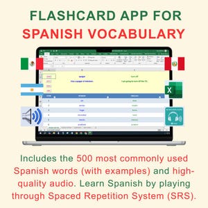 Puede incluir: Una pantalla de portátil muestra una aplicación de tarjetas de vocabulario en español. La pantalla muestra una hoja de cálculo con palabras en español e inglés, con banderas de México y Argentina. El texto dice "FLASHCARD APP FOR SPANISH VOCABULARY". La aplicación incluye audio y ejemplos.