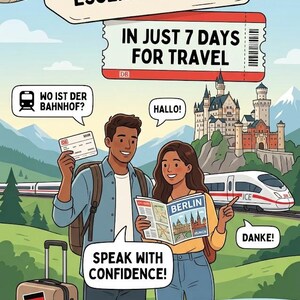 Pode incluir: Uma ilustração digital apresentando um guia de viagem intitulado MASTER ESSENTIAL GERMAN IN JUST 7 DAYS FOR TRAVEL. Mostra duas pessoas com uma mala, um trem e um castelo. Os balões de fala contêm o texto WO IST DER BAHNHOF, HALLO, DANKE e SPEAK WITH CONFIDENCE.