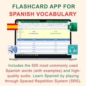 Tarjetas de vocabulario español con audio / Aplicación Excel / 500 palabras más comunes en español + oraciones de ejemplo / Español (España) Audio