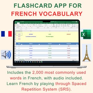 French Vocabulary Flashcards | Excel App | 2,000 Most Common French Words with Audio