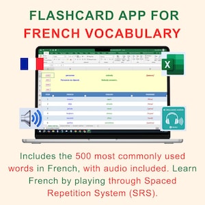Puede incluir: Una pantalla de portátil muestra una aplicación de tarjetas didácticas para vocabulario francés. La pantalla muestra una hoja de cálculo con palabras en francés, traducciones al inglés y pronunciaciones fonéticas. La aplicación incluye audio y la bandera francesa. El texto dice: "Incluye las 500 palabras más usadas en francés."