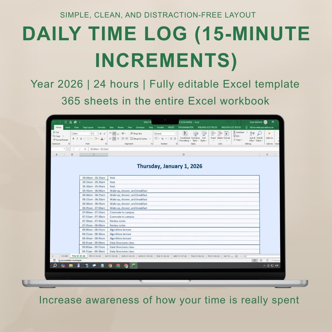 Creating Log Increments Daily Time Log - 15 Minute Increments - Excel Template | Excel Time ...