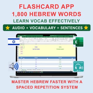 May include: A laptop screen displays a spreadsheet for a Hebrew flashcard app with 1,800 words. Text reads: FLASHCARD APP 1,800 HEBREW WORDS LEARN VOCAB EFFECTIVELY AUDIO + VOCABULARY + SENTENCES. Includes an Israeli flag, Excel icon, and audio symbol.
