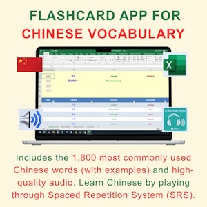 Puede incluir: Una pantalla de portátil muestra una aplicación de tarjetas didácticas para vocabulario chino. La aplicación muestra caracteres chinos, traducciones al inglés e iconos de audio. El texto dice "FLASHCARD APP FOR CHINESE VOCABULARY". La aplicación incluye 1.800 palabras chinas comunes.