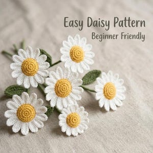 May include: A bouquet of crocheted daisies with white petals and yellow centers, accompanied by green leaves. The text "Easy Daisy Pattern Beginner Friendly" is displayed above the flowers.