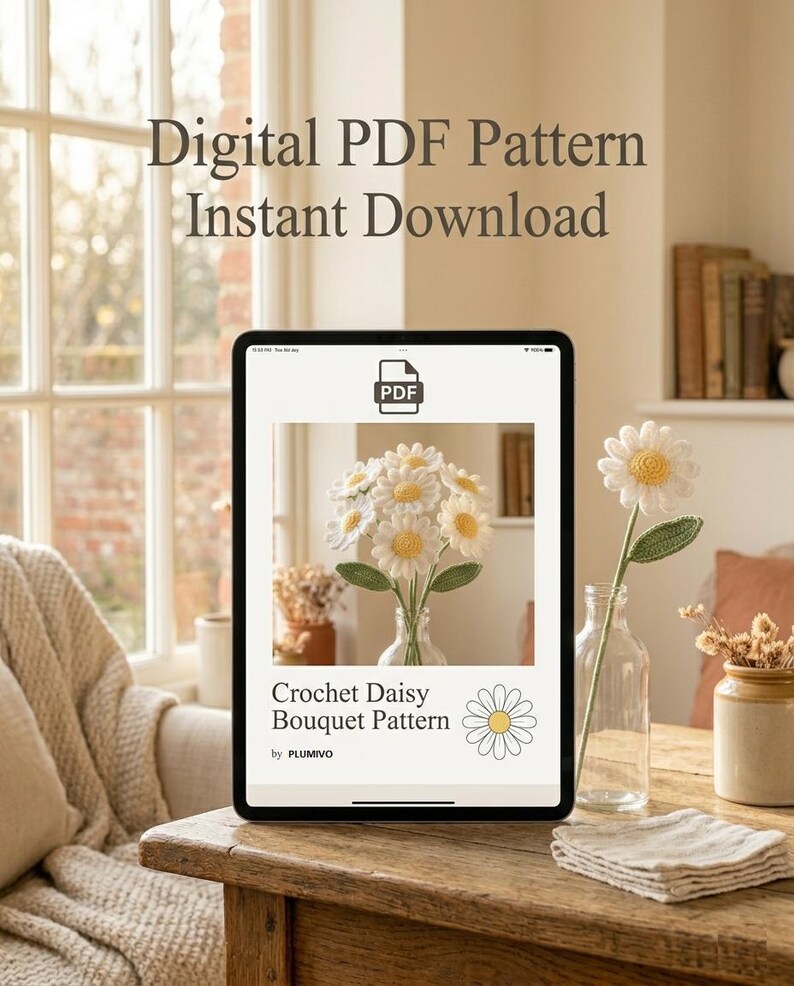 May include: A digital PDF pattern for a crochet daisy bouquet is displayed on a tablet. The tablet is on a wooden table, with a crocheted daisy in a glass vase. The text on the tablet reads "Digital PDF Pattern Instant Download".