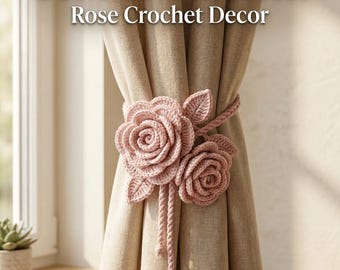 Crochet Curtain Tie Back Pattern PDF, Rose Crochet Curtain Tie, Crochet Flowers Curtain Tie, Floral Window Decor, Boho Curtain Holder