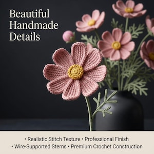 Cosmos Flower Crochet Pattern PDF, Realistic Botanical Crochet Tutorial, Wired Flower & Bud, Advanced Cosmos Bouquet Pattern