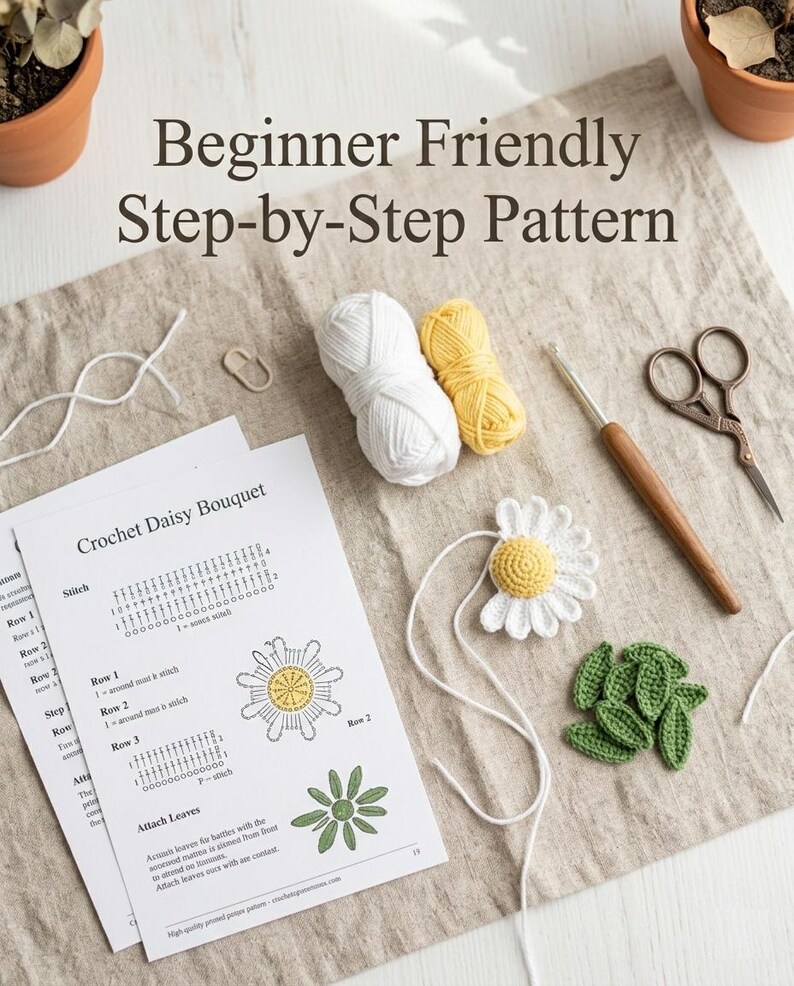 May include: A craft image featuring crochet supplies and a pattern for a daisy bouquet. Includes white and yellow yarn, a crochet hook, scissors, and a finished daisy. The text reads "Beginner Friendly Step-by-Step Pattern" and "Crochet Daisy Bouquet".