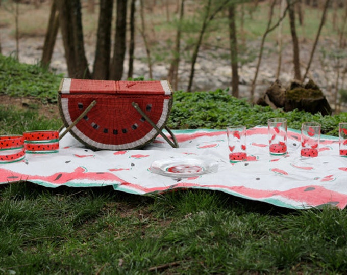 Vintage Watermelon Picnic Basket Set Etsy