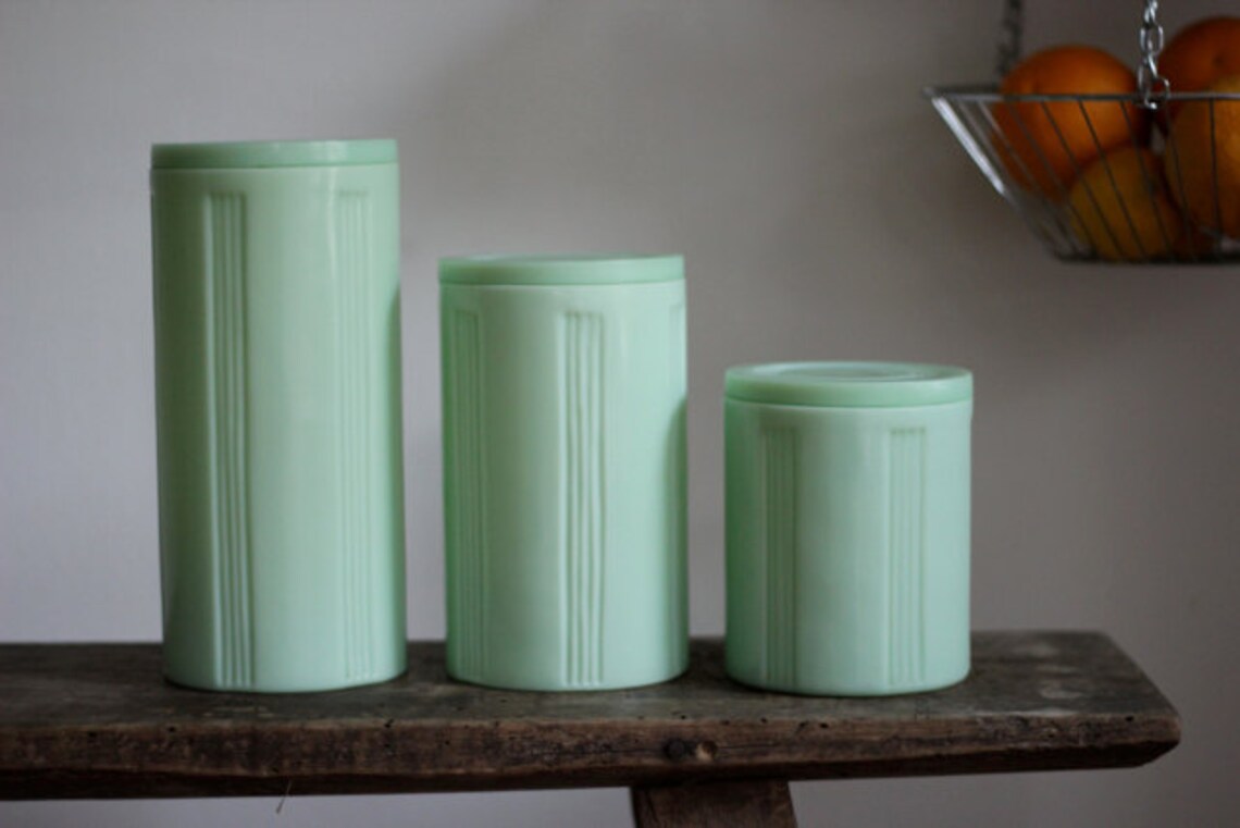 Vintage Jadeite Glass Kitchen Canister Set of 3 Etsy