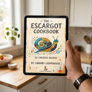 Könnte beinhalten: Ein Tablet zeigt das Cover von The Escargot Cookbook, 50 Creative Recipes by Library Lighthouse. Das Cover zeigt eine farbenfrohe, stilisierte Schneckenillustration mit orangefarbenen, blauen und gelben Wirbeln, umgeben von kleinen Gabel-Symbolen.