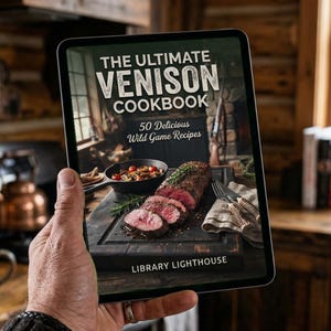 Könnte beinhalten: Ein digitales Tablet zeigt das Cover von The Ultimate Venison Cookbook, 50 Delicious Wild Game Recipes von Library Lighthouse, mit einem aufgeschnittenen Wildbraten auf einem Holzbrett, einer gusseisernen Pfanne und einer Gabel.