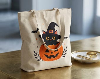 Kürbis-Tragetasche mit schwarzer Katze im Hexenhut | Halloween-Canvas-Tragetasche