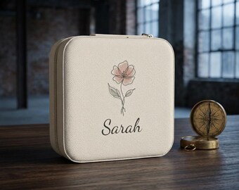 Personalisierte Schmuckschatulle mit Aquarellrose | Reise-Schmuckorganizer | Hochzeitsgeschenk für die Brautjungfer