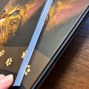 May include: A close-up of a book with a cat's face on the cover. The cover is dark with gold accents and paw prints. A light blue plastic strip is visible on the side. The text "Images may show a sample name" is at the bottom.