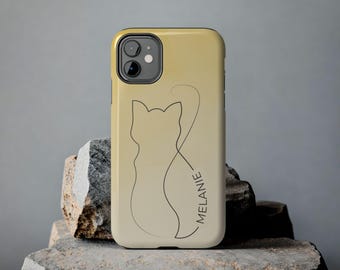 Funda para teléfono con diseño minimalista de gato / Funda resistente con nombre personalizado