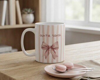 Aquarell-Tasse mit rosa Streifen und Blumenmuster | Keramiktasse, pastellfarbene Kaffee- und Teetasse