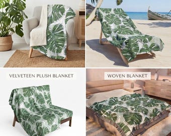 Decke & Strandtuch mit Monstera-Blattmuster | Tropische Pflanzendecke, gewebte Baumwolle oder Sherpa-Fleece, Geschenk für Pflanzenliebhaber