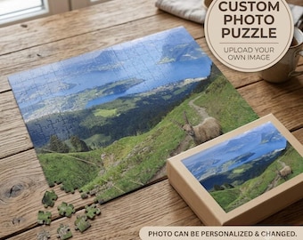 Rompecabezas fotográfico personalizado, rompecabezas personalizado de naturaleza de montaña, regalo con imagen personalizada, rompecabezas panorámico de cabra montés alpina, regalo personalizado