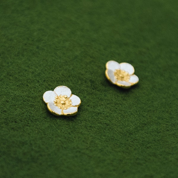 Boucles d'oreilles Ume Post - Fleur de prunier du Japon - Fleur du Japon - Doré argenté - Fabriquées au Japon